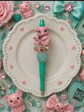 Handmade Green Piglet Beaded Ballpoint Pen - Cute Pink Pig Design